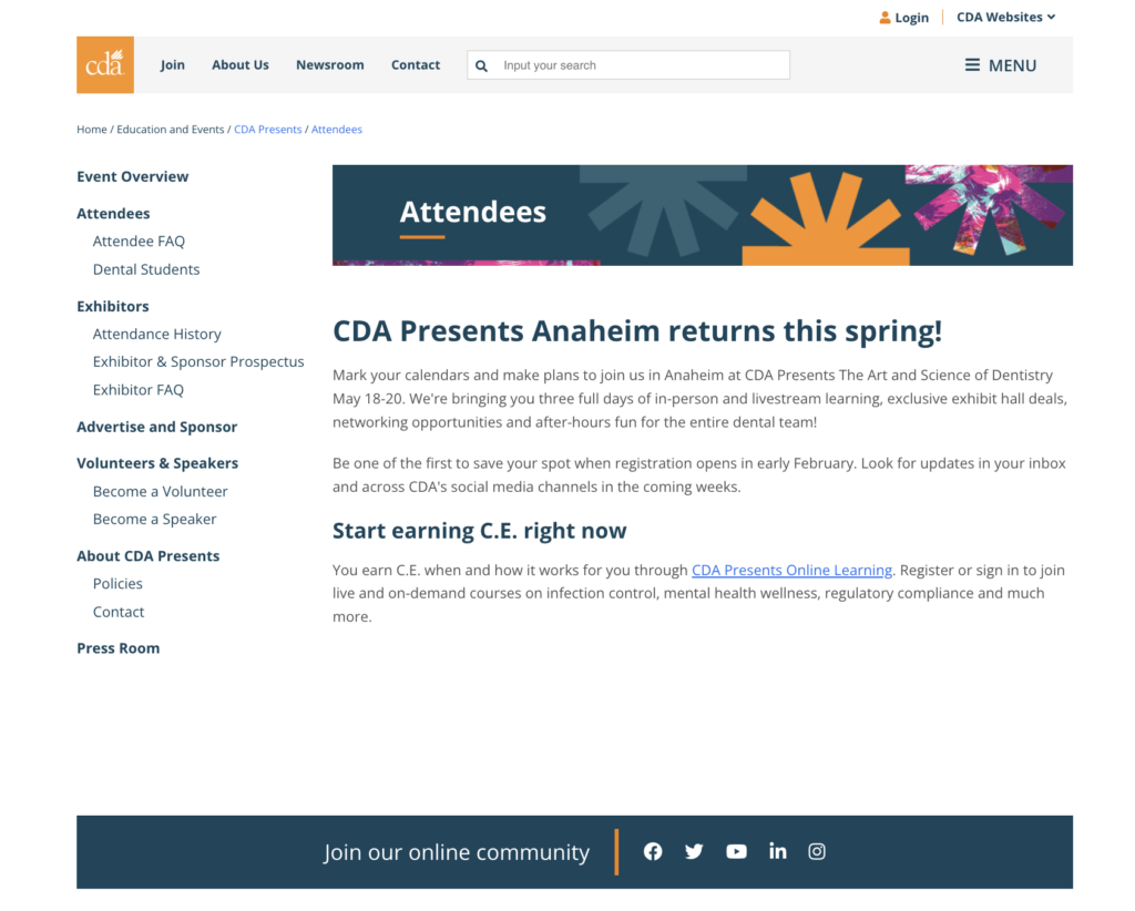A before picture of the attendee page